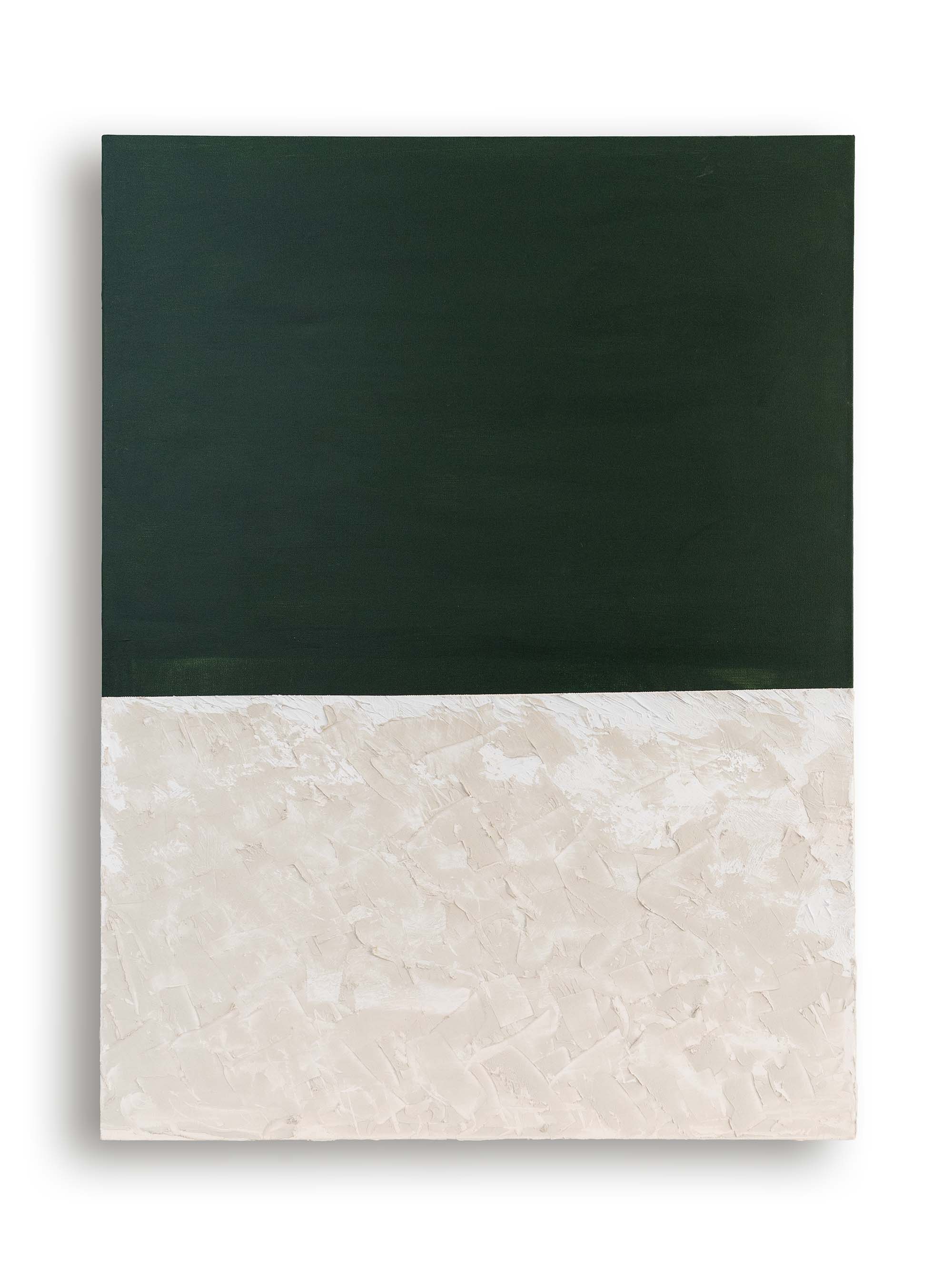 A forest green textered painting with a gray/white split.
