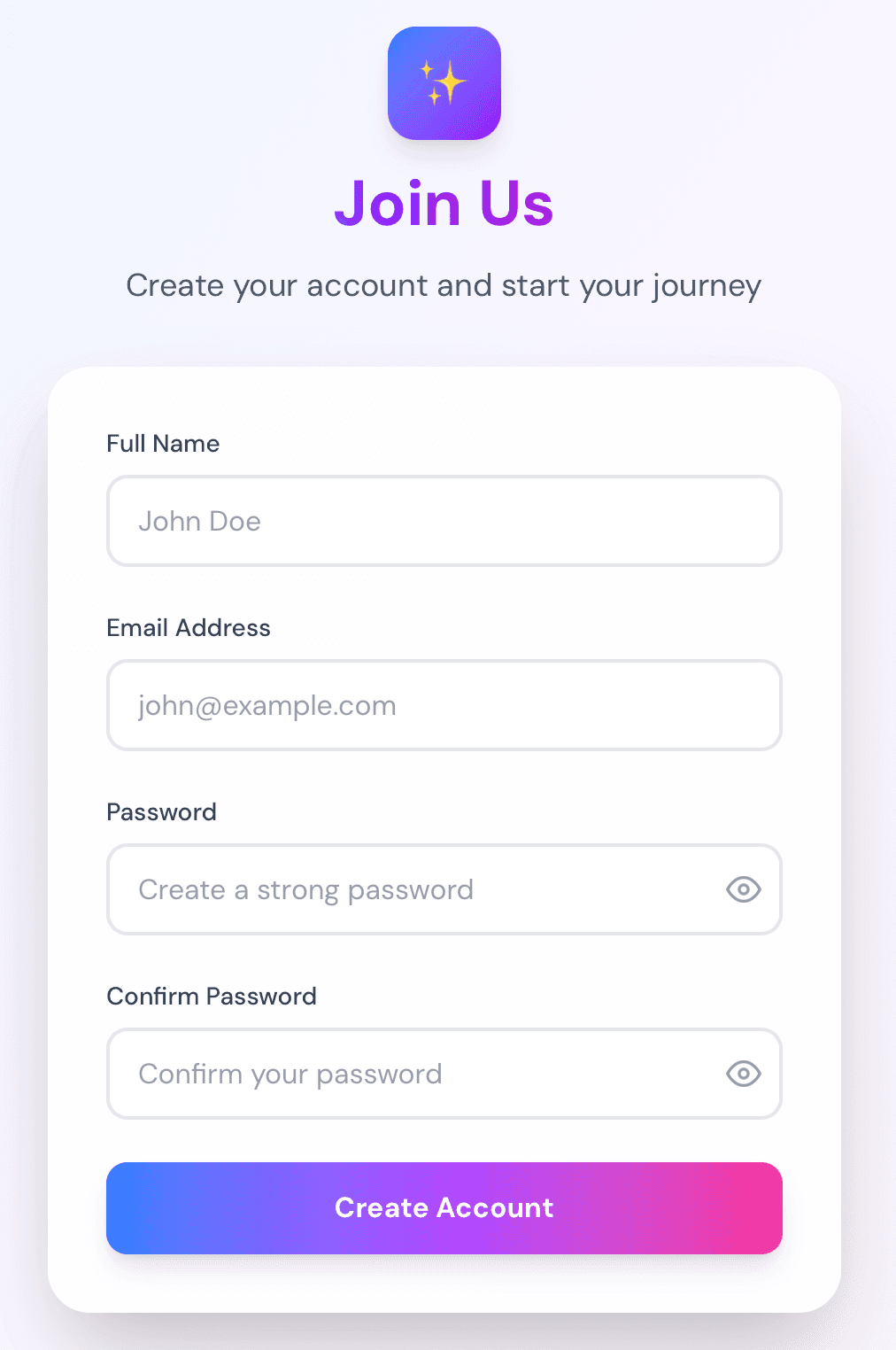 The sign-up form: a gradient card with name, email, and password fields